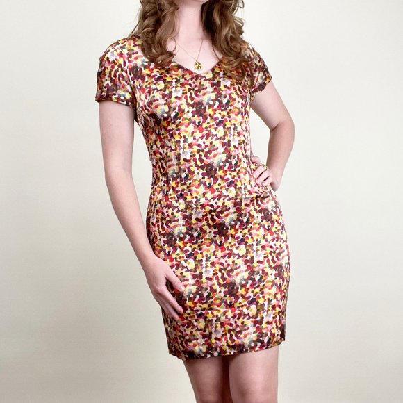 Vintage 100% Silk Kaleidoscope Multicolor Short Sleeve Mini Fitted Sheath Dress - Picture 3 of 8